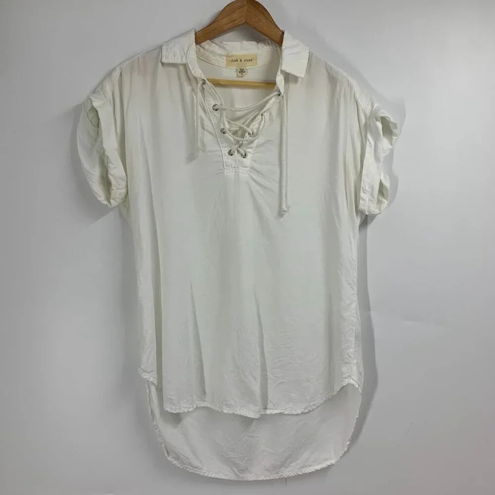 Cloth & Stone Women's High Low Criss Cross‎ Tie Short Sleeve Shirt Size S